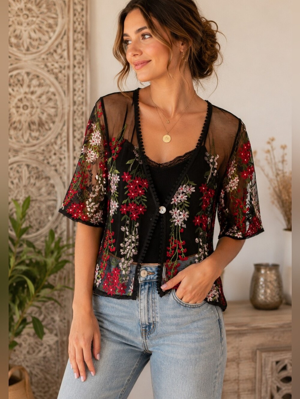 Chris McLaughlin Sheer Floral Embroidered Mesh Cardigan Boho L